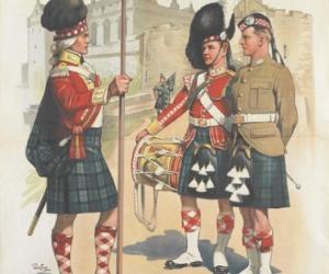 Colour recruiting poster for the Argyll and autherland Highlanders showing three soliders in uniforms with a tag line of why are’nt YOU -underlined- one of them.